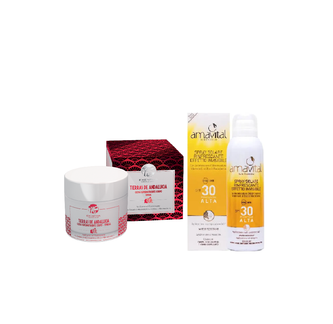Kit “TIERRAS DE ANDALUCIA Exenthia Mediterranea "Perle"
CREMA SUPERNUTRIENTE CORPO SENSUAL 200ml & Spray Solare Effetto Invisibile spf 30, 150ml - Amavital Sun Passion”